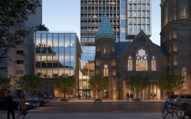 Bloor Street United Church redevelopment rendering with office building to one side and condo tower behind the church