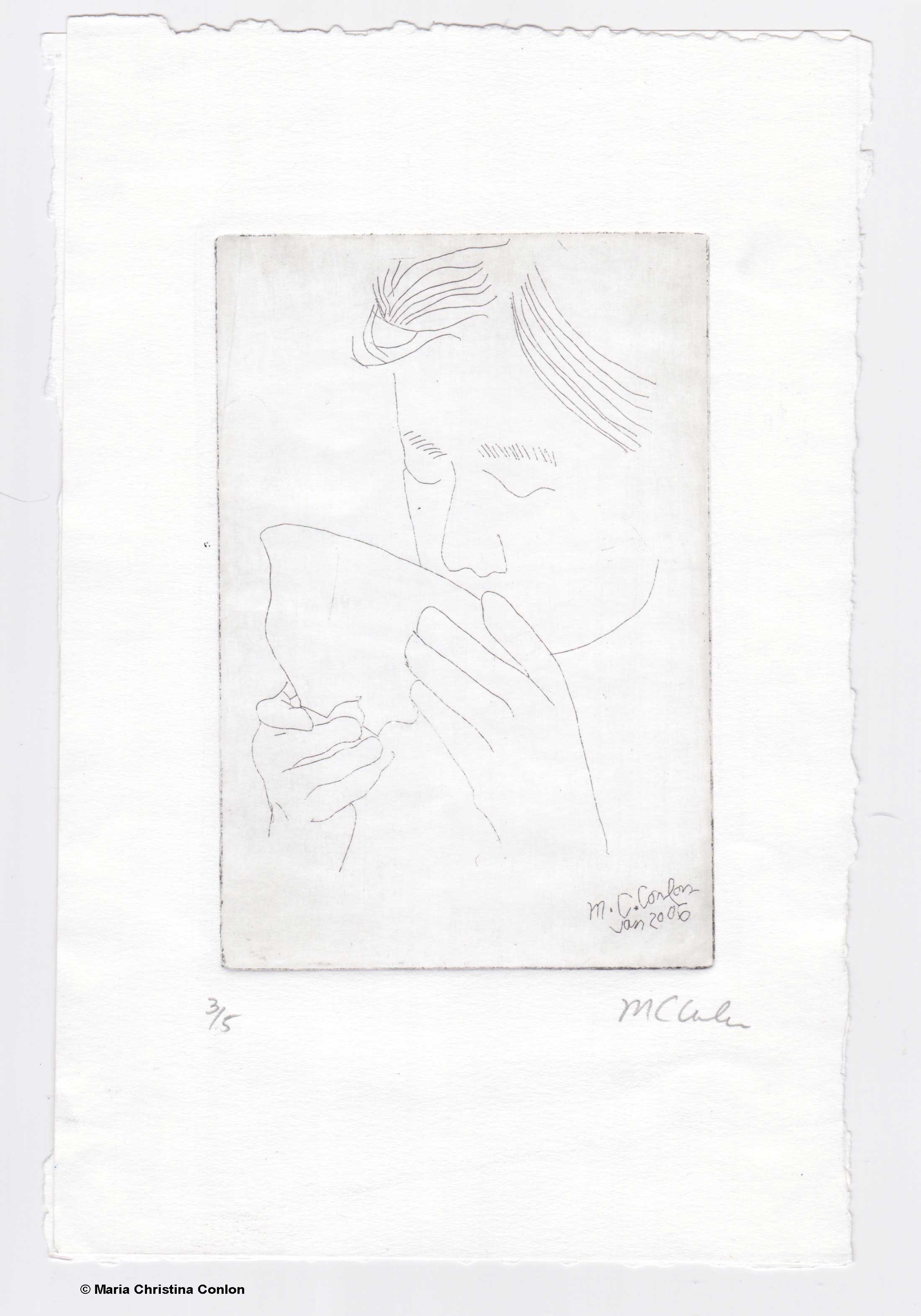 A etching of a woman sipping tea. Done on large white paper, with the lightest of touch.