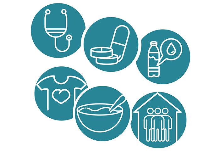Icons depicting Healthcare, water, food, shelter, and love