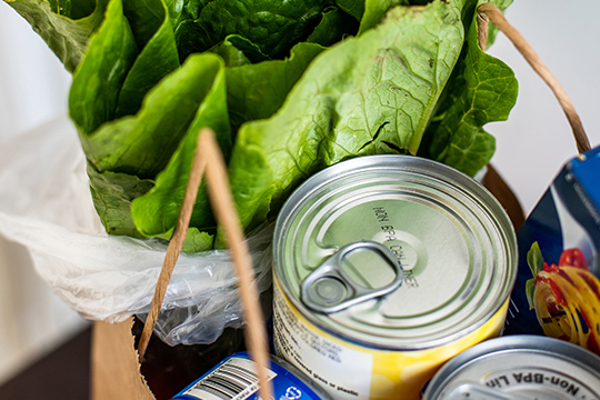 Various food items in a grocery bag.