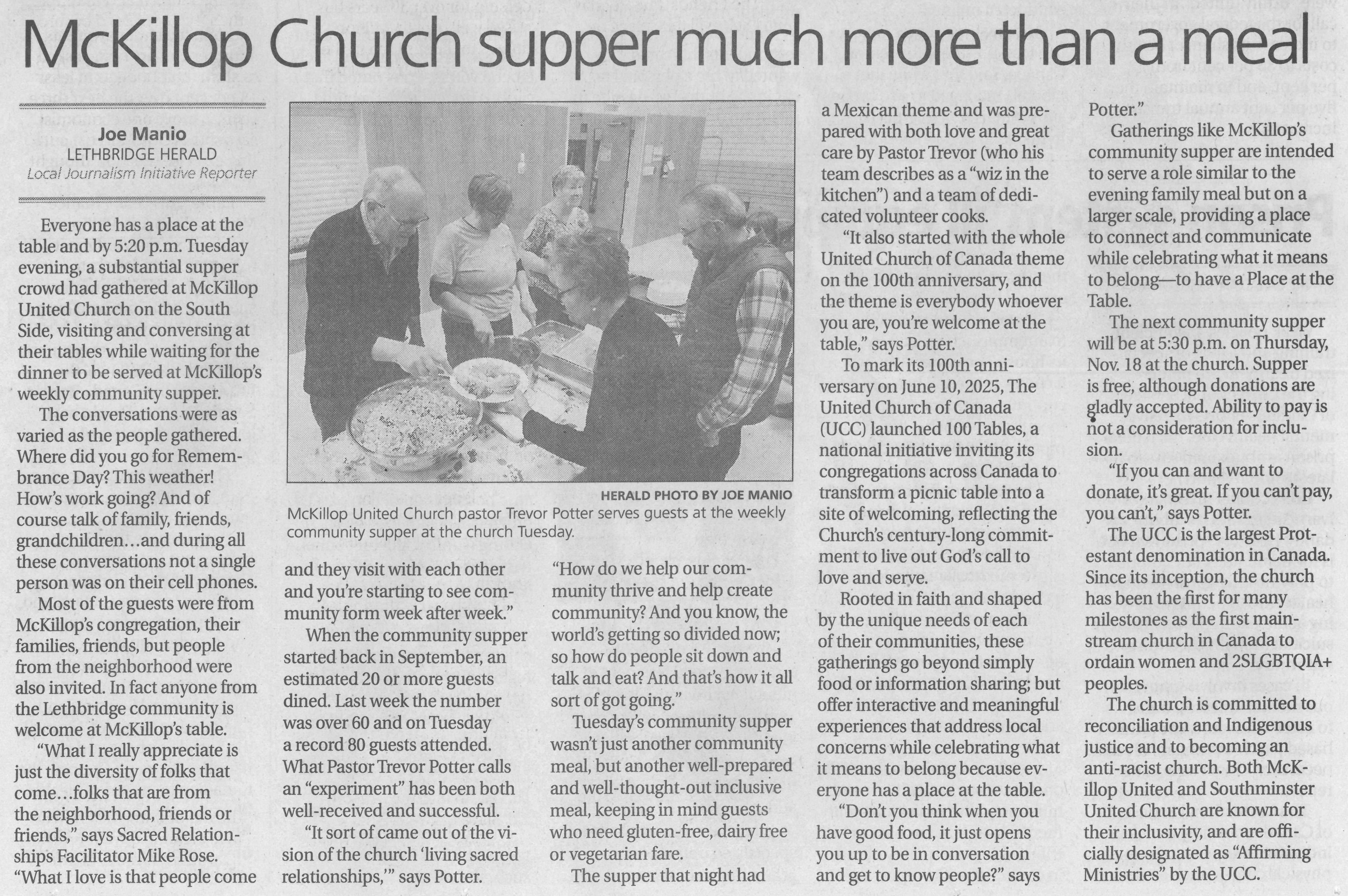 A newspaper article with the headline "McKillop Church supper much more than a meal"