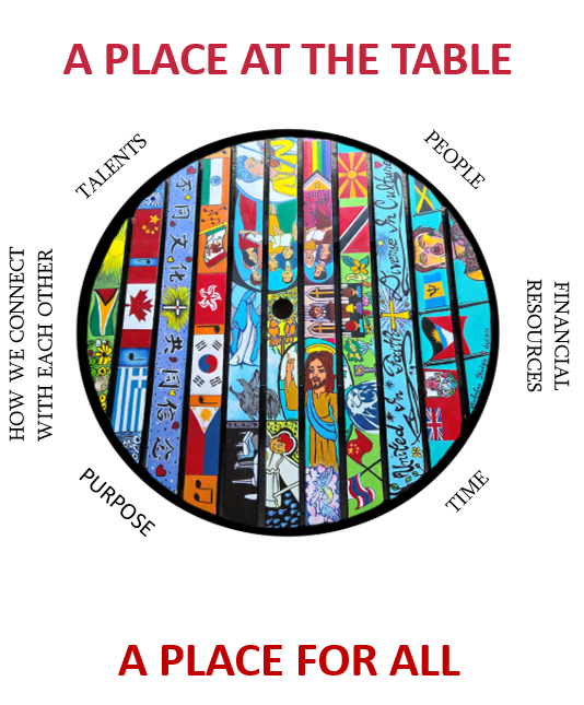 A painted circular artwork on a table with the words "A Place At the Table - A Place For All" surrounding them