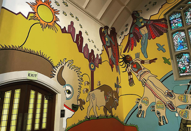 A view of a striking mural by Indigenous artist Philip Cote based on an Objibaway Creation Story.