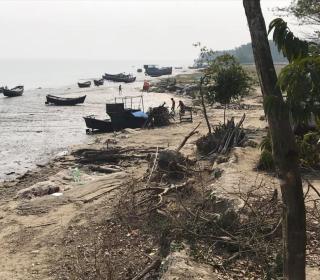 Small boats on the seashore in Patharghata, Bangladesh