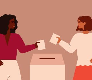 An illustration depicting two young women putting their ballots in a polling box.