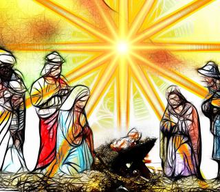 Illustration of the nativity, with the wisemen giving gifts to the holy family and a bright star in the background.