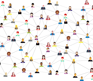 Illustration of many diverse people's heads connected with dashed lines conveying a network.