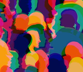 Multicoloured silhouettes of people's heads make up an abstract collage.