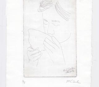 A etching of a woman sipping tea. Done on large white paper, with the lightest of touch.