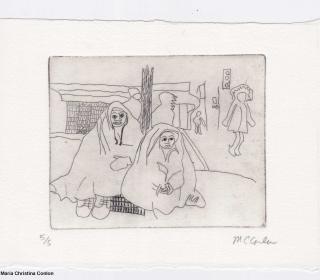 A pencil sketch outlie of two people wrapped in blankets and sitting on the street.