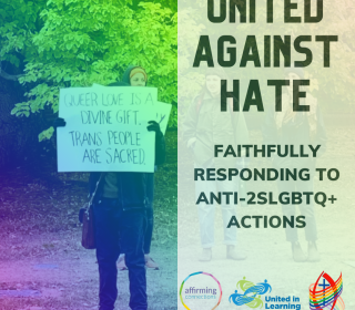 A woman holds up a pro-LGBTQ sign beside the words United against Hate.
