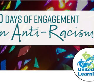 The words 40 Days of Engagement on Anti-Racism against a stained-glass background.