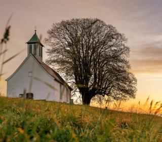 White church in field against a sunset