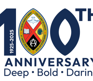 Number 100 and United Church Crest with dates