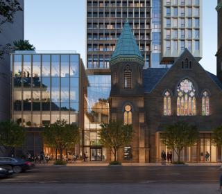 Bloor Street United Church redevelopment rendering with office building to one side and condo tower behind the church