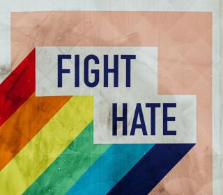 A graphic with a rainbow and the words fight hate