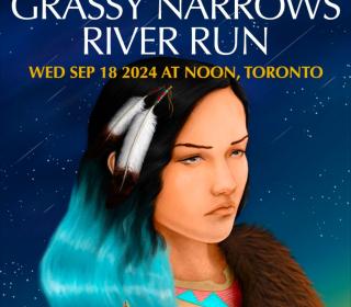 Illustration of Indigenous woman with the words River Run 2024 above her