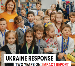 Cover of the ACT Alliance Impact Report on the Ukraine Response showing a teacher with school-aged children.