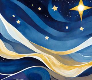 Abstract stars in a night sky painted in blues and yellows