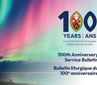A promotional image for the 100th Anniversary Service Bulletin featuring a photo of the Northern Lights.