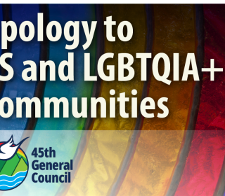 A graphic that reads, "Apology to 2S and LGBTQIA+ Communities" with a United Church logo
