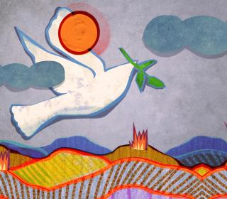 A dove flies over a battlefield