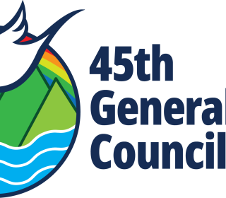 A logo for General Council 45 featuring a dove, rainbow, and globe.