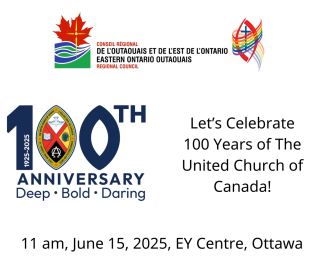 A logo advertising the upcoming United Church Centennial event at the EY Centre in Ottawa, on June 15.