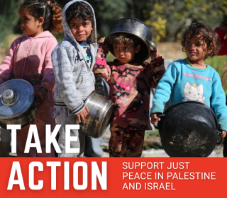 Four Palestinian children holding pots and pans, with large font text that reads "Take Action"
