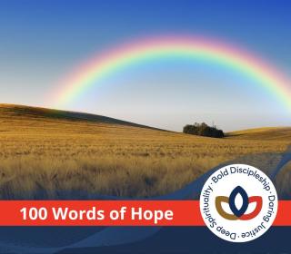 A huge rainbow over a green field.