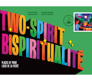 A graphic promoting Canada Post's Two-Spirit commemorative stamp