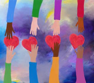 A dramatically colourful painting of hands reaching up and down to share hearts.