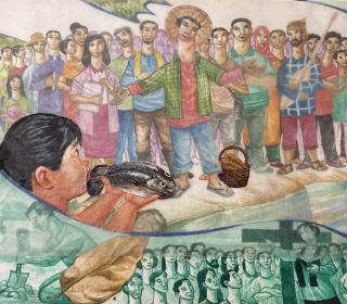 A mural depicting a modern scene of Jesus and apostles