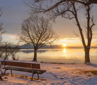 A park bench next to a lake in winter