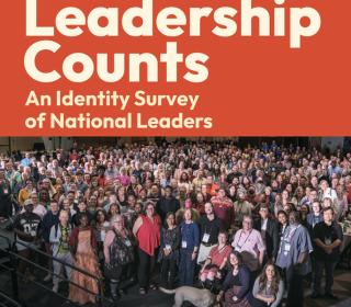 A report cover with headline reading "Leadership Counts: An Identity Survey of National Leaders"