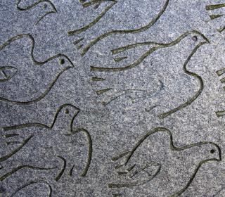 A drawing of doves in flight