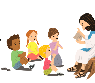 A cartoon image of Jesus reading to young children