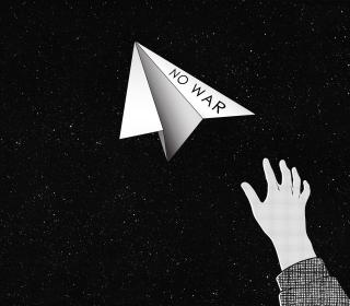A hand throwing a paper airplane with the message "no war" written on it