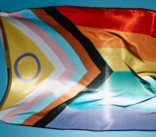 Two arms wave a Pride flag in the sun
