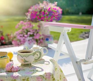 A summer scene of a teacup and snacks on a table next to a lounge chair