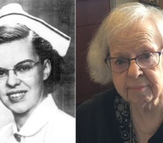 Two photographs of the same woman, the left a black-and-white shot of a youth in nursing uniform, and the right a contemporary colour photo of an older woman