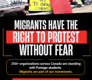 A graphic showing protest signs in support of migrants with informational text