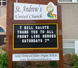 Sign at St. Andrew's United Church supporting frontline workers