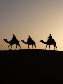 Photo of camels and wisemen crossing the desert at dusk