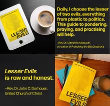 A collage of photos featuring the cover of the book Lesser Evils, which is bright yellow, with large block lettering spelling out the title.