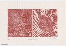 A red woodcut print of a baby surrounded by light.