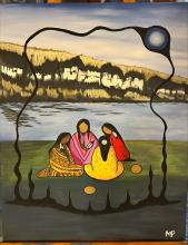 A Saugeen Ojibway Nation painting of four people sitting beside a bay.