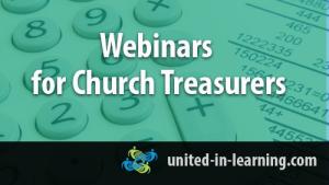 Green box with the words Webinars for Church Treasurers in one and united-in-learning.com in a black bar below