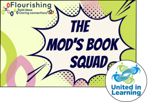 The words The Mod's Book Squad against a backdrop that looks like a comic book. 