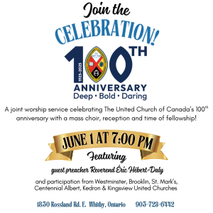 Invitation to Centennial Celebration at Westminster United Church in Whitby 